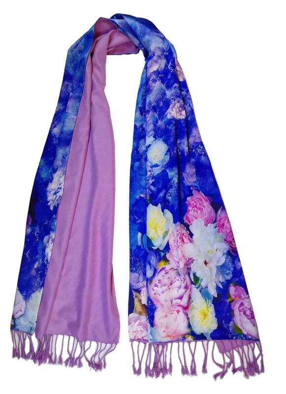 Damen Stola 100% Seide Satin Flanell 2-seitig Blume Blau Lila